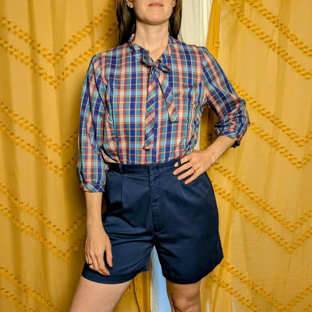 Vintage 70s Handmade Plaid Secretary Blouse w/ Attached Accent Bow Size M